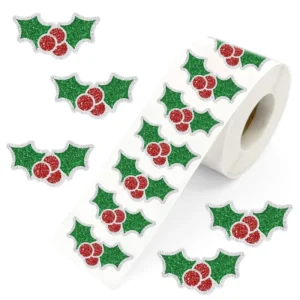 500pcs Christmas Holly Berry Sealing Stickers Roll, Green and Red Glitter, Greeting Card Decor