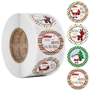 500pcs Roll Custom Round Christmas Stickers with Santa and Reindeer Designs, Waterproof Holiday Labels for Gift Wrapping and Sealing