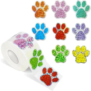 500pcs Roll Eco Friendly PET Colorful Dog Paw Self Adhesive Waterproof Holographic Stickers