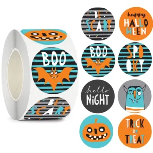 500pcs/Roll Halloween Round Decorative Stickers, Eco-Friendly Strong-Adhesive Cartoon Bat and Monster Design