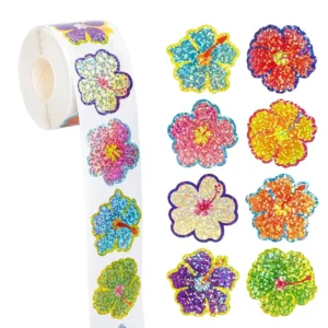 500sheets Roll Eco Friendly Glossy Self-Adhesive Waterproof Stickers Laser Glitter Flower PET Label Roll for Bottles