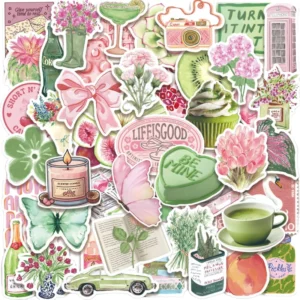 50PCS Anime Macaron Color Vintage Waterproof PVC Die-Cut Animal and Heart Pattern Adhesive Stickers for Home Decor