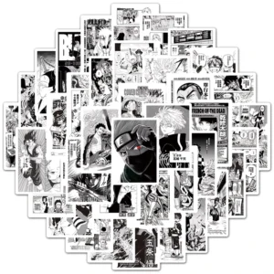 50PCS Black and White Japanese Waterproof Anime Stickers for Wall and Phone