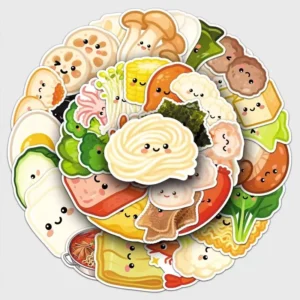 50PCS Cartoon-Style Hot Pot Ingredients PVC Waterproof Stickers for Cars, Mobile Phones, Laptops, Notebooks, and Water Bottles