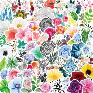50PCS Flowers Stickers Waterproof Adhesive Decorative Pet Sticker for DIY Journal Stationery Notebook and Luggage Decora