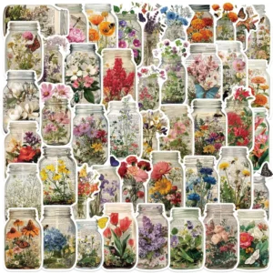 50PCS Retro Floral PVC Bottle Graffiti Stickers Waterproof DIY Decor Guitar Notebook Suitcase for Holiday Decoration