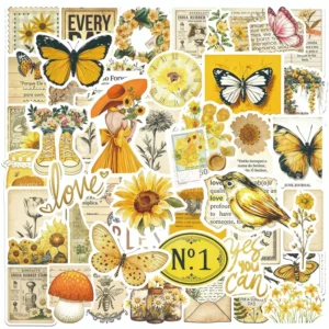 50PCS Retro Yellow Butterfly Graffiti Stickers for Book Decor and Flower Scrapbooking