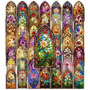 50PCS Waterproof transparent Medieval vintage stained glass floral window sticker