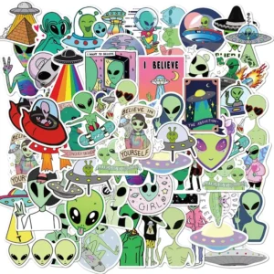 50Pcs Aliens UFO Green Vinyl Stickers for Car Wall Fridge Phone Luggage Laptop