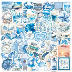 50Pcs Blue Coast Girl Decorative Stickers for Luggage Decor Fashion Blue Summer Holiday Sticker