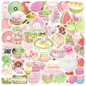 50Pcs Cartoon Macaron Cake Dessert Graffiti Stickers Matcha Green Pink Bottle Laptop Decor