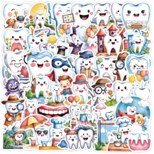 50Pcs Cartoon Teeth Care Graffiti Stickers for Luggage Wall Decor Children’s Dental Gift