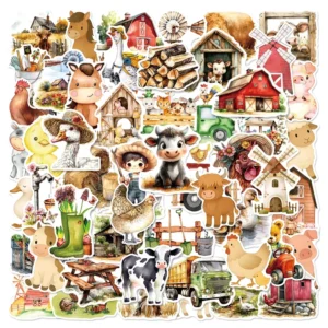 50Pcs Cartoon Village Fairy Tale Graffiti Stickers for Book Bottle Decor Farm Animals Hen Cow Pig Sticker