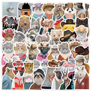 50Pcs Creative Artist Animals Graffiti Stickers for Book Pencil Box Decor Cat with Cowboy Hat Sticker