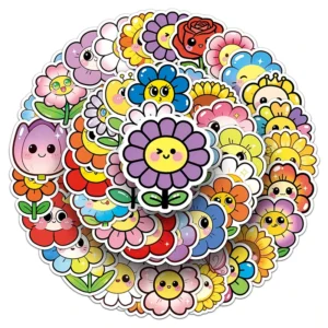 50Pcs Cute Kawaii Waterproof Original Smiling Face Flower Stickers for Stationery and Phone Cases