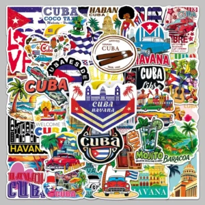 50Pcs Factory Direct Creative PVC Shaped Die-Cut Custom Retro Cartoon Cuban Style Scenic Travel Sticker Notebook Guitar Decal