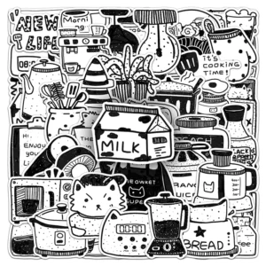 50Pcs Factory Direct Hand Drawn Black White Korean Style Doodle Waterproof PVC Stickers for Laptop Phone Decor