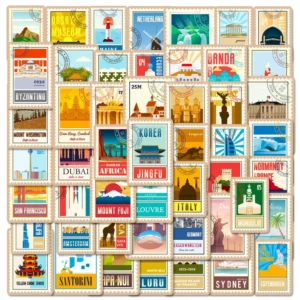 50Pcs Famous Landmark Decorative Stickers for Suitcase and Phone, Waterproof Stamp Style Travel Stickers