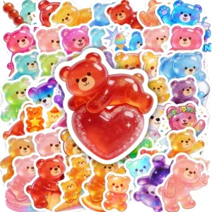50Pcs PVC Waterproof Colorful Candy Bear Decorative Stickers for Kids Home Decor Cartoon Gummy Bear Stickers for Promotional