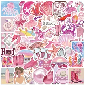 50Pcs Pink Coastal Cowgirl Graffiti Stickers for Luggage Laptop Ocean Beach Decor