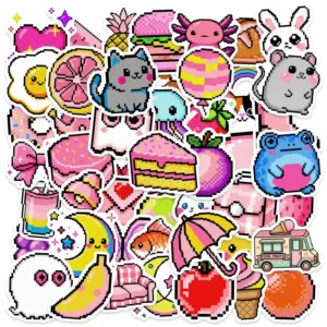 50Pcs Pixel Style Cartoon Decorative Stickers for Books and Decor, Mosaic Style