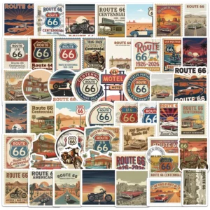50Pcs Retro Route 66 Decorative Stickers for Luggage Bottle Decor US Travel Sticker