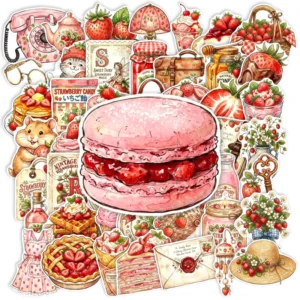 50Pcs Strawberry Dessert Afternoon Tea Graffiti Stickers for Books and Bottles, Pink Retro Food