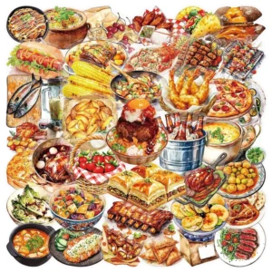 50Pcs Transparent Cartoon Western Food Graffiti Stickers for Refrigerator Decor Restaurant Gift Sticker