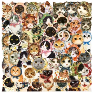50Pcs Transparent Cat With Headscarf Decorative Stickers Art Cute Kitty Sticker