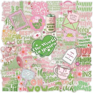 50Pcs Transparent Pink Green Graffiti Stickers for Bottle Decor Positive Phrases DIY Stickers