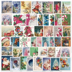 50Pcs Vintage Christmas Pictures Card Style Decorative Stickers for Window Book Decor Festival Gift Sticker