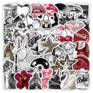 50Pcs Y2K Silver Red Fashion Graffiti Stickers for Phone Decor Creative DIY Sticker