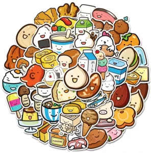 50pcs Adhesive PVC Die Cut Vinyl Stickers Waterproof Cute Cartoon Fruit Vegetable Dessert and Gourmet Stickers