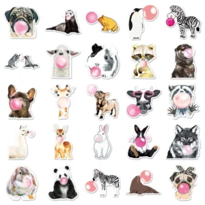 50pcs Animals Blowing Bubbles Waterproof PVC Die-Cut Graffiti Stickers for Kids’ Cups Laptops Bicycles Luggage and Phones