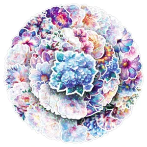 50pcs Colorful Laser Flowers Doodle PVC Waterproof Stickers for Bottles Tablets Mobile Phones Laptops and Books