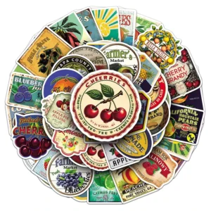 50pcs Factory Direct Retro Fruit Label Die-Cut PVC Stickers Funny Decorative Decals for Plates Desks and Kitchen Supplies