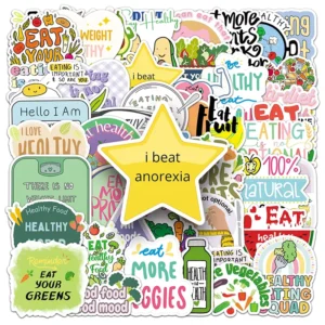 50pcs High Quality Slogan English Eat Healthy Stickers Pack for Phone Cases Luggage Cases Notebook Water Cup