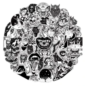50pcs Horror Punk Gothic PVC Adhesive Stickers UV Printing Reusable Waterproof Home Decor Black White