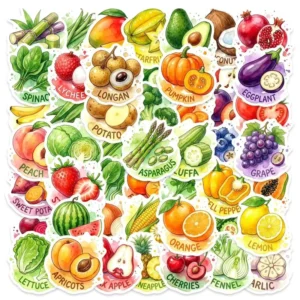50pcs Watercolor Fruits and Vegetables Sticker Packs for Skateboard Luggage Laptop Bottles