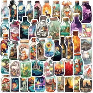 50pcs World in Bottle Waterproof PVC Graffiti Decorative Sticker Packs for Cup Bottle Notebook Luggage Laptop Skateboard