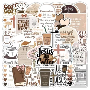 52-Piece Waterproof PVC Cartoon Jesus Coffee Graffiti Die-Cut Stickers for Phones and Bottles