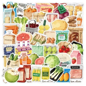 53 Pcs/Bag Fun Grocery Item Series Waterproof Cartoon Stickers for Tablets