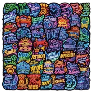 53-Piece Neon Motivational Quote Waterproof Vinyl Cartoon Decorative Stickers
