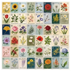 53-Piece Vintage Floral Stamp Series Waterproof Decorative Stickers