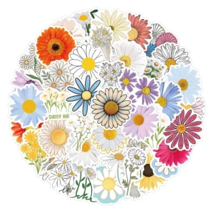55pcs Daisy Flower PVC Waterproof Graffiti Sticker Pack for Laptop, Notebook, Bottle, Helmet, Skateboard, and Luggage
