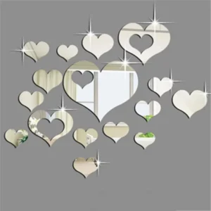 6 Colors 16-Piece Mirror Heart-Shaped Plastic 3D Wall Stickers