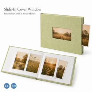 6-Inch Vertical Photo Album, Linen Cover, Square Window, 40 Photos, Round Corners, Acid-Free PET Pockets