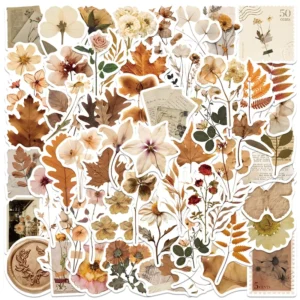 60Pcs Vintage Dried Flower Leave Graffiti Stickers for Book Decor Elegant Plant Embossed Bookmark Sticker