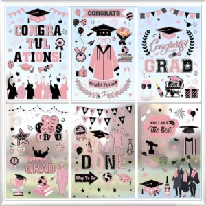 6pcs Pink Graduate Party Window Stickers Waterproof Removable Eco Friendly Stickers for Class Congrats Grad Party Decor School