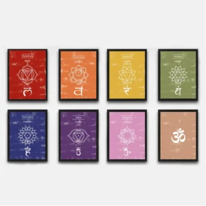 7 Chakra and Om Symbol Wall Art Printable Set Boho Chakra Posters for Yoga, Meditation and Spiritual Decor (8-Piece Set)
